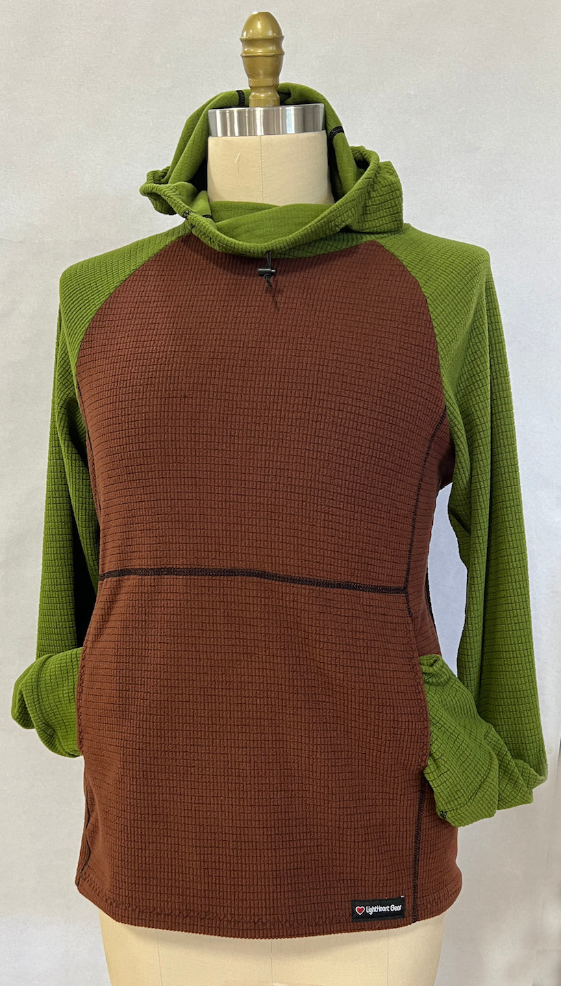 Women's Fleece Hoodie Brown w/ Green sleeves & hood LightHeart Gear