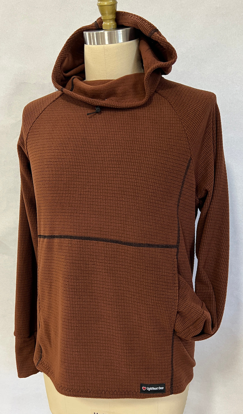 Melanzana Men Medium (Women Large) Microgrid Fleece Hoodie Brown/Yellow