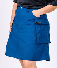 Blue a-line hiking skirt with pockets.