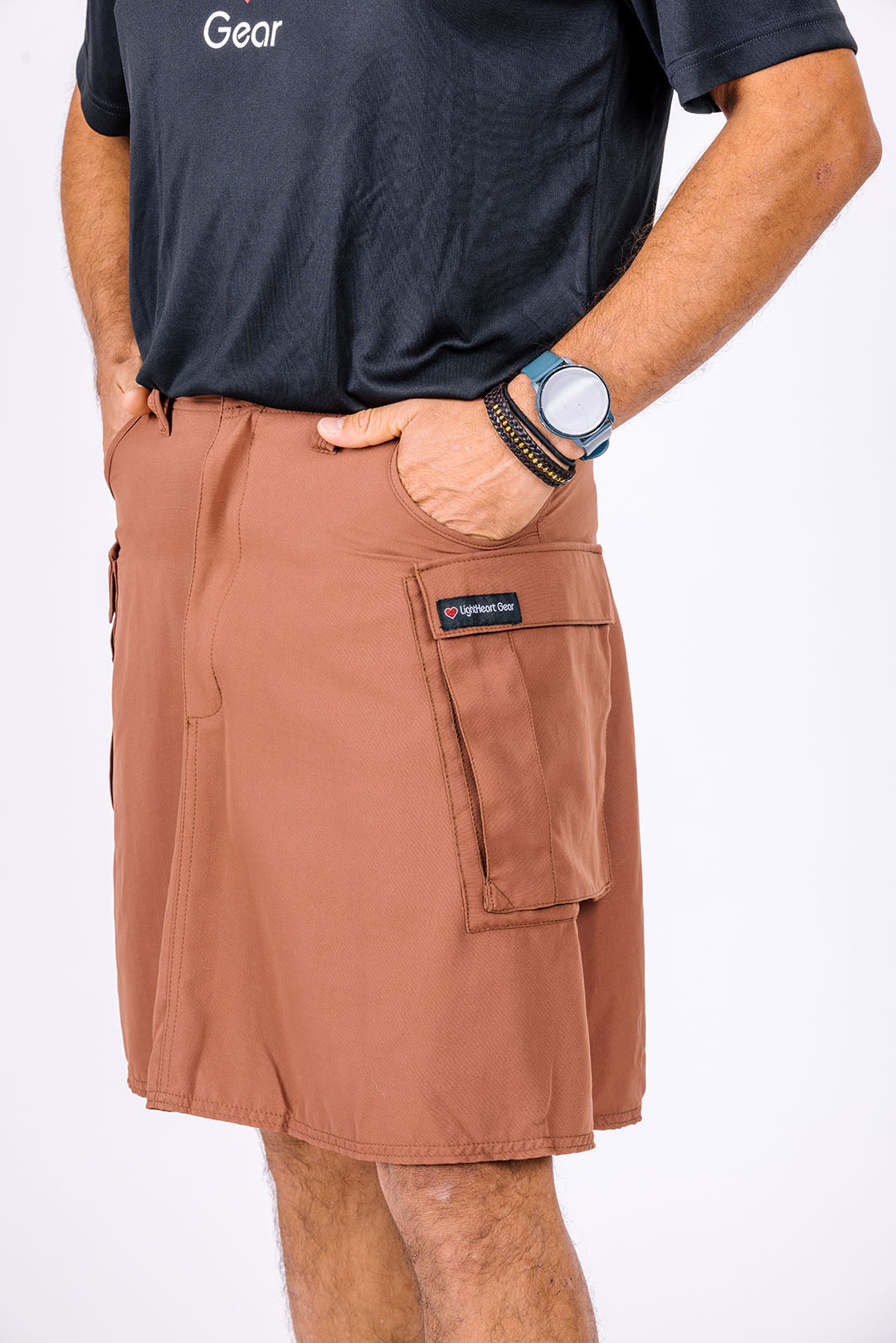 Men's hiking skirt shown in sandalwood color.